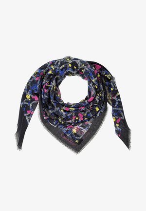 Foulard triangulaire noir avec motif de tâches de peinture bleues, roses et jaunes, bords effilochés et logo Calvin Klein subtil dans un coin.