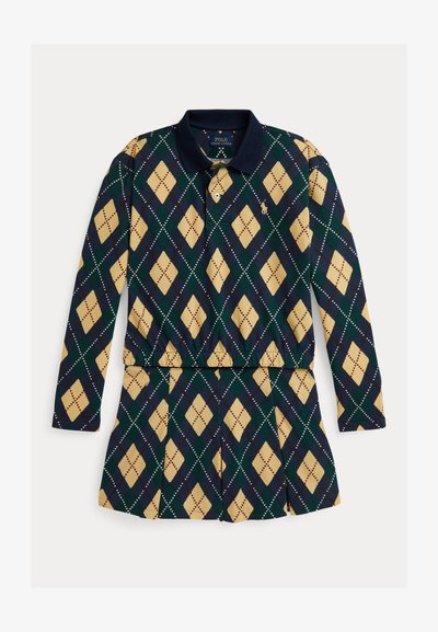 Polo ruha navy, zöld és bézs argyle mintával, gallérral, hosszú ujjakkal és pliszírozott szoknyával.