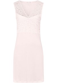 Světlé růžové šaty bez rukávů s krajkovým korzetem a designem ve tvaru V. Hladký materiál a délka ke kolenům, což vytváří klasickou siluetu.