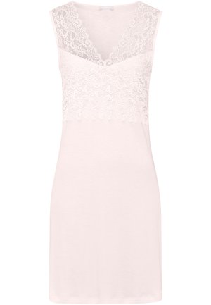 Abito senza maniche di colore rosa chiaro con corpetto in pizzo e scollatura a V. Tessuto morbido e lunghezza al ginocchio, che offre una silhouette classica.