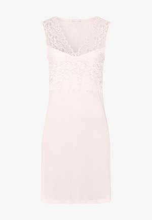 Light pink sleeveless dress featuring a lace bodice with a V-neck design. Smooth texture and knee-length, providing a classic silhouette.