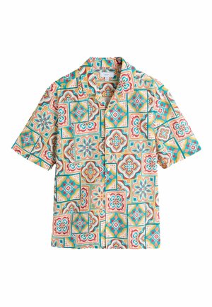 Short-sleeve button-up shirt with colorful geometric and floral tile patterns in teal, orange, yellow, and red on a white background.