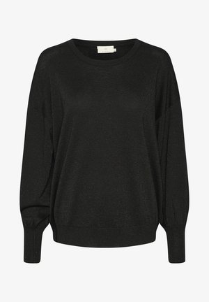 Melna, brīvi pieguļoša džemperis, izgatavots no mirdzoša adījuma auduma, ar apaļu kakla izgriezumu un garām, ar aprocēm. Gluda tekstūra ar vieglu spīdumu.