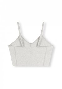 Lys grå bralette med justerbare spaghetti-stropper, en V-udskæring og subtile linjedetaljer over fronten og under barmen. Blødt materiale.