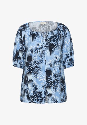 Blouse à manches courtes bleu et noir à motifs, avec encolure ronde, boutons sur le devant et un petit nœud au col.