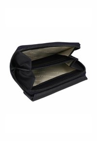 Navy leather wallet with a zip closure, featuring multiple compartments and a smooth interior lining with a subtle logo pattern.