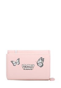 Portafoglio in ecopelle rosa con due grafiche di farfalle in bianco e nero e logo "Looney Tunes". Texture liscia, design compatto.