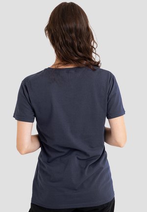 Navy blue cotton t-shirt with short sleeves, round neckline, and a relaxed fit. Smooth texture, no visible patterns or logos.