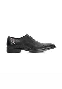 Black leather dress shoe with a rounded toe, smooth texture, six eyelets, and a low heel. Features a subtle seam and sleek design.