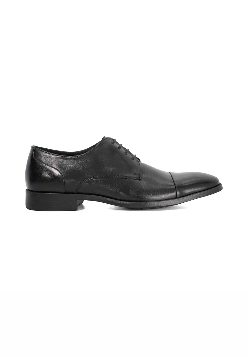 Black leather dress shoe with a rounded toe, smooth texture, six eyelets, and a low heel. Features a subtle seam and sleek design.