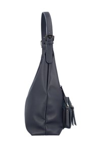 Sac en bandoulière en cuir bleu marine avec une finition texturée, une sangle ajustable et une petite poche zippée sur le côté pour un stockage supplémentaire.