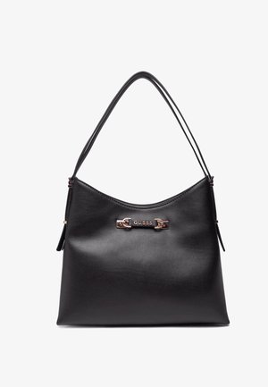 Borsa a tracolla in pelle nera con texture liscia, forma ovale e tracolla. Presenta un logo metallico ben visibile e dettagli metallici.