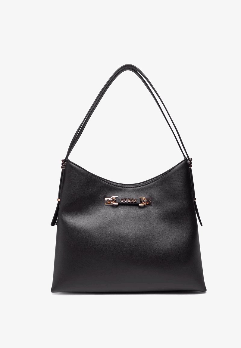 Borsa a tracolla in pelle nera con texture liscia, forma ovale e tracolla. Presenta un logo metallico ben visibile e dettagli metallici.