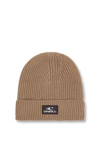 Brown knitted beanie with a rolled cuff, featuring a black rectangular logo patch with white text and a circular design on the front.