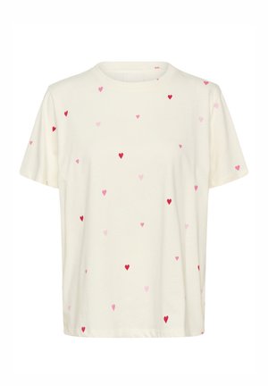 Bombažna majica v kremni barvi s razpršenimi rdečimi in rožnatimi srčkastimi vzorci. Kratki rokavi, okrogel izrez, sproščen kroj, gladka tekstura.