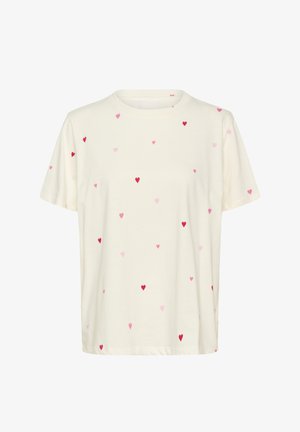 Bombažna majica v kremni barvi s razpršenimi rdečimi in rožnatimi srčkastimi vzorci. Kratki rokavi, okrogel izrez, sproščen kroj, gladka tekstura.