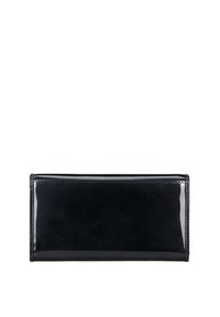 Portafoglio nero con una finitura lucida e pannello opaco testurizzato. Forma rettangolare con cuciture a contrasto lungo i bordi.
