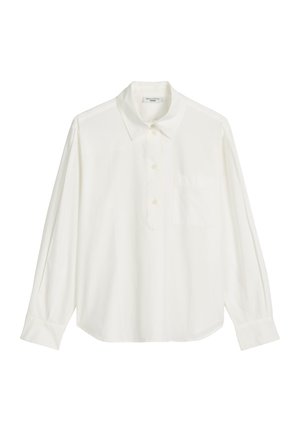 Weißes Langarmhemd aus leichtem Stoff. Mit klassischem Kragen, Knopfleiste und einer einzelnen Brusttasche. Subtiler Glanz.