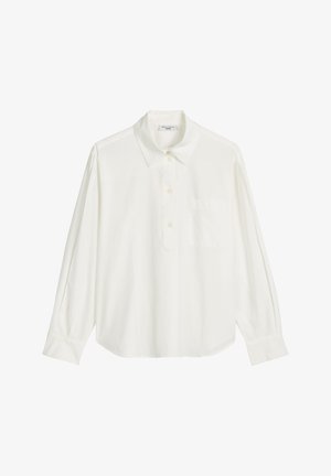 Weißes Langarmhemd aus leichtem Stoff. Mit klassischem Kragen, Knopfleiste und einer einzelnen Brusttasche. Subtiler Glanz.