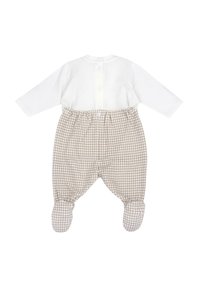 Body pour bébé à manches longues beige et blanc, avec un dos boutonné, un haut blanc et un bas à motif vichy avec des pieds intégrés.