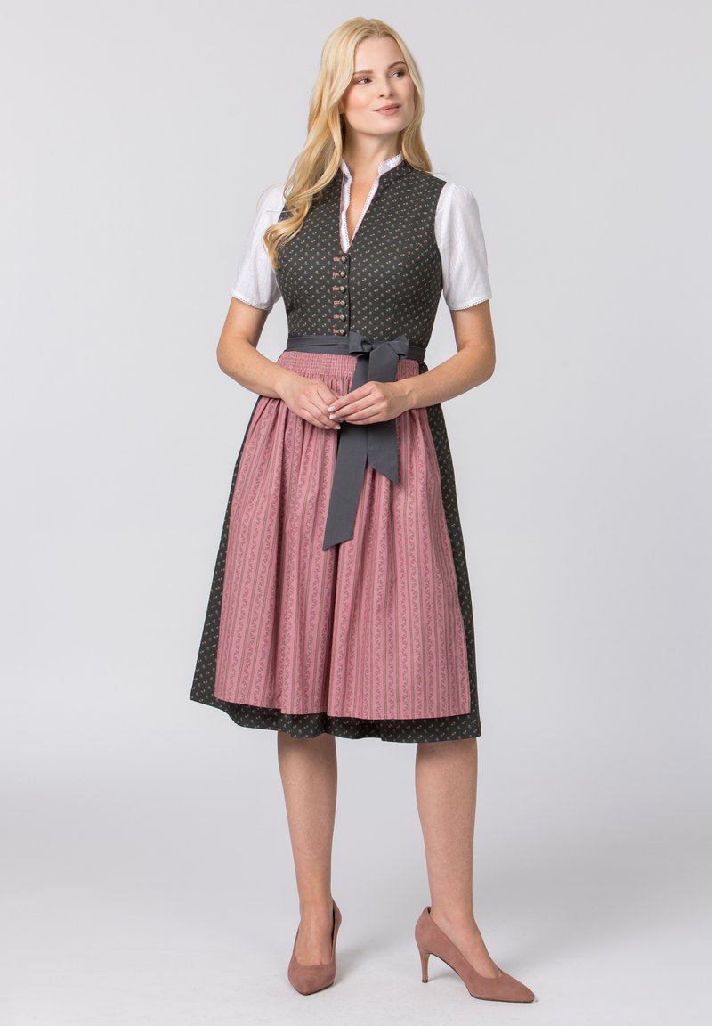 Traditionelles Dirndl-Kleid mit einem dunkel gemusterten Oberteil, einem weißen Shirt und einem rosa gefältelten Rock mit horizontalen Streifen sowie einem grauen Taillengürtel.