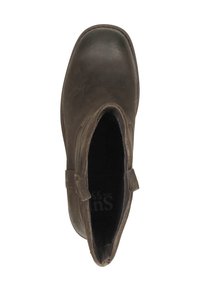 Bruine leren enkellaars met een ronde neus, een soepele textuur en zijkleppen. De binnenkant is donker en toont de merklettering aan de binnenzijde.