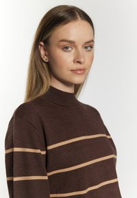 Brauner Strickpullover mit hohem Kragen, der horizontale beige Streifen aufweist, weiche Textur und taillierte Passform hat. Minimalistischer und zeitgenössischer Stil.