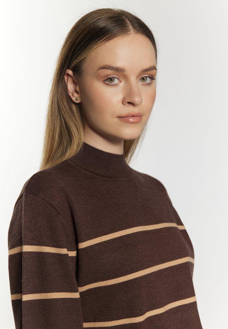 Brauner Strickpullover mit hohem Kragen, der horizontale beige Streifen aufweist, weiche Textur und taillierte Passform hat. Minimalistischer und zeitgenössischer Stil.