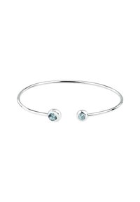 Bracciale a maniche in argento con due gemme azzurre chiare incastonate alle estremità arrotondate, caratterizzato da una finitura liscia e design aperto per un fit regolabile.