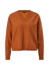Suéter de pico en tejido de punto naranja con puños y dobladillo acanalados, presentado con detalles laterales en negro, ajuste relajado y textura suave.
