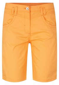 Oranžové kraťasy po kolena s předními kapsami, poutky na opasek a zapínáním na knoflík v pase.