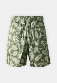 Shorts de bain verts avec un motif de feuilles et d'oiseaux en vert menthe clair. Taille élastique pour le confort, fabriqués en tissu léger et à séchage rapide.