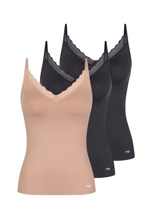 Tre canottiere aderenti da donna con rifinitura in pizzo sullo scollo, una beige davanti e due nere dietro, tutte con spalline sottili.