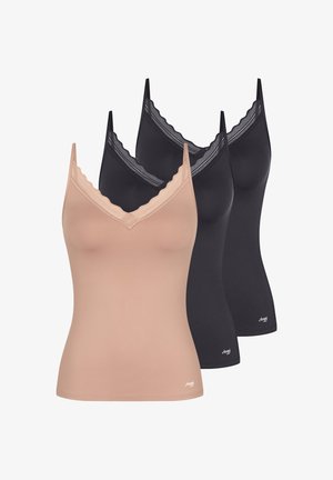 Tre dame tætsiddende camisole med blonder ved halsudskæringen, en beige foran og to sorte bagved, alle med tynde skulderstropper.