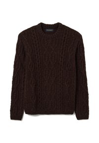 Pull marron en tricot avec un col rond, présentant un motif en câble texturé et des poignets et un ourlet côtelés. Fabriqué à partir d'un mélange de laine épais.