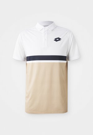 Poloshirt met een witte bovenkant, beige onderkant en een marineblauwe horizontale streep. Voorzien van een knoopsluiting bij de kraag en een logo op de borst. Geweven stof.