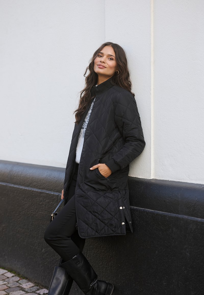 Black quilted long coat with a high collar and ribbed cuffs, featuring side pockets and snap buttons at the hem, worn with black trousers and boots.