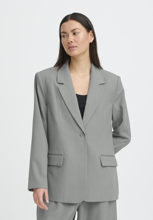 Grauer Blazer mit Reverskragen, Ein-Knopf-Verschluss, zwei vorderen Taschen und glatter Textur, kombiniert mit einem schwarzen Oberteil.