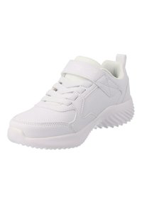 Bottines de sport blanches avec une tige synthétique texturée, des lacets élastiques, une sangle à boucle auto-agrippante et une semelle en caoutchouc striée pour une meilleure traction.