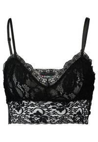 Bralette en dentelle noire avec un design à encolure en V, des bretelles fines réglables et un motif floral sur le tissu. Texture douce avec dentelle superposée.
