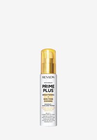 Primer de maquillage et de soin Revlon Photoready Prime Plus Brightening dans un flacon blanc avec une pompe et un bouchon dorés, présentant des étiquettes de texte en noir et jaune.