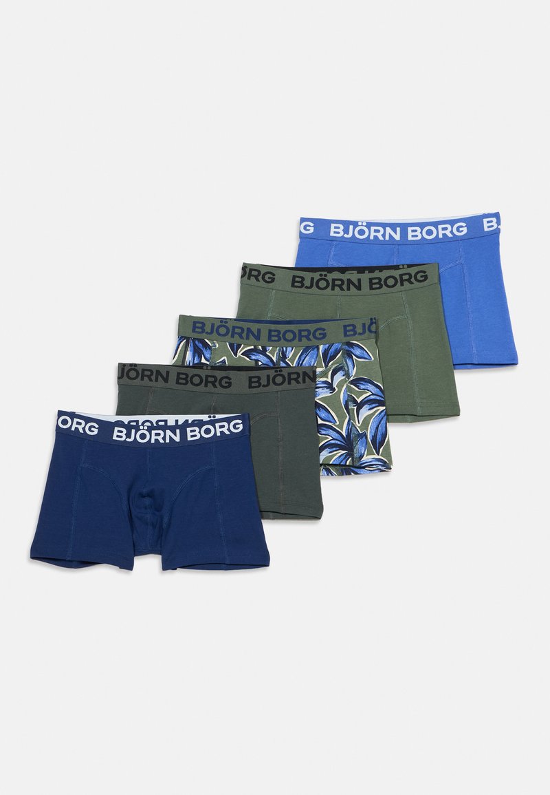 Cinq paires de boxers pour hommes en bleu, vert et motifs floraux, chacun doté d'une ceinture BJÖRN BORG marquée sur un fond blanc.