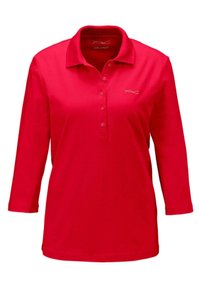 Rotes, langärmliges Poloshirt mit Kragen und fünf Knöpfen. Mit einem kleinen Logo in Weiß auf der linken Brust. Klassische Passform.