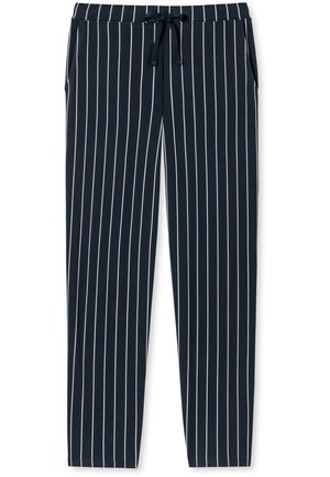 Marineblå stripete bukser med snøring i livet, laget av myk stoff. Har vertikale hvite striper og sidelommer for nytte.