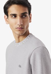 Sweatshirt gris avec un col rond et un col en tricot. Un petit logo de crocodile brodé est présent sur la poitrine.