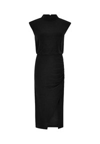 Vestido negro con un cuello alto y diseño sin mangas. Fabricado en una tela suave, presenta fruncidos en el costado y una abertura hasta la rodilla.