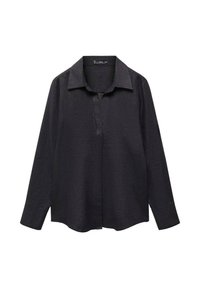 Chemise noire en lin à manches longues avec un col pointu, une patte de boutonnage sans boutons et une coupe décontractée, présentant une texture douce et une légère brillance.