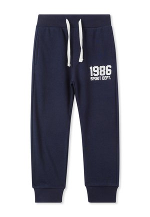 Pantaloni da jogging blu navy realizzati in tessuto morbido. Presentano stringhe bianche, polsini a costine e un logo stampato con la scritta "1986 SPORT DEPT."