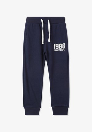 Pantaloni da jogging blu navy realizzati in tessuto morbido. Presentano stringhe bianche, polsini a costine e un logo stampato con la scritta "1986 SPORT DEPT."