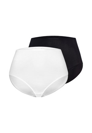 Due slip con slip a vita alta da donna, uno bianco davanti e uno nero dietro, entrambi con semplici fasce elastiche in vita.